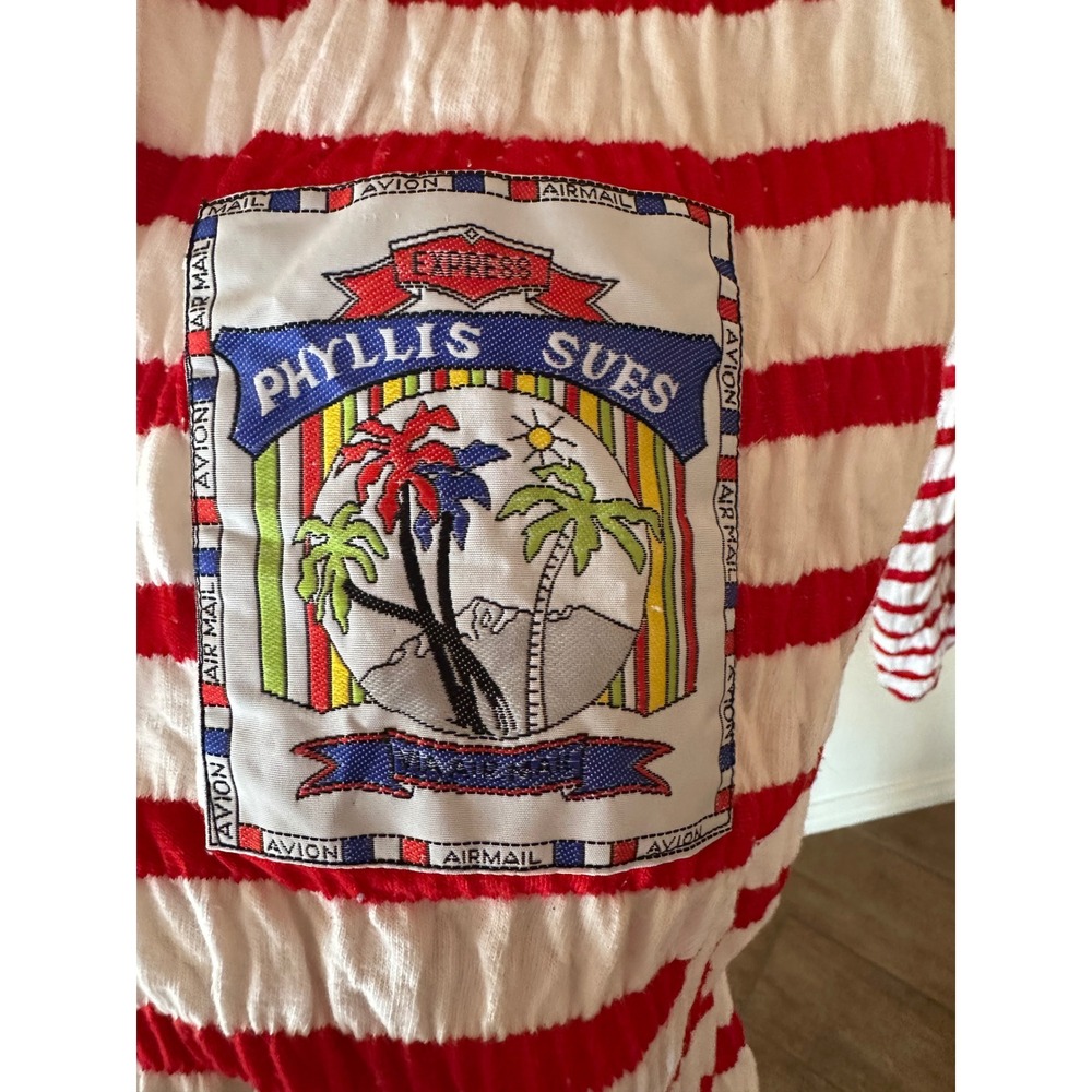 Phyllis Sues Vintage Red White Striped Crinkle Pants Tropical Patch Retro Small - Picture 2 of 16